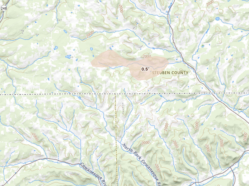 Radar-estimated hail-size map of the storm over Troupsburg, NY on Jul 3, 2026