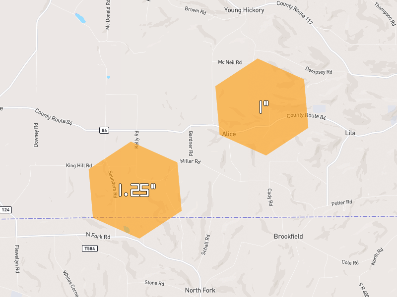 Hail map of Troupsburg, NY on Jul 3, 2026, hail up to 1.25"