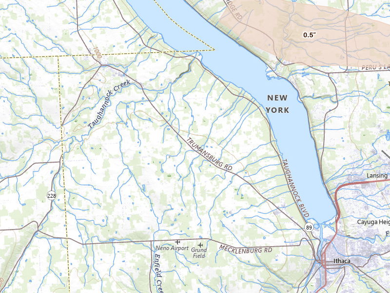 Radar-estimated hail-size map of the storm over Trumansburg, NY on Jul 1, 2026