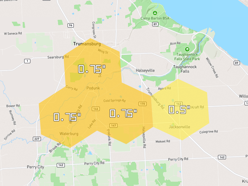 Hail map of Trumansburg, NY on Jul 1, 2026, hail up to 0.75"