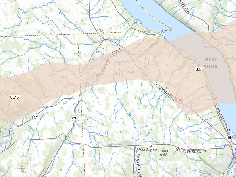 Radar-estimated hail-size map of the storm over Trumansburg, NY on Aug 27, 2026
