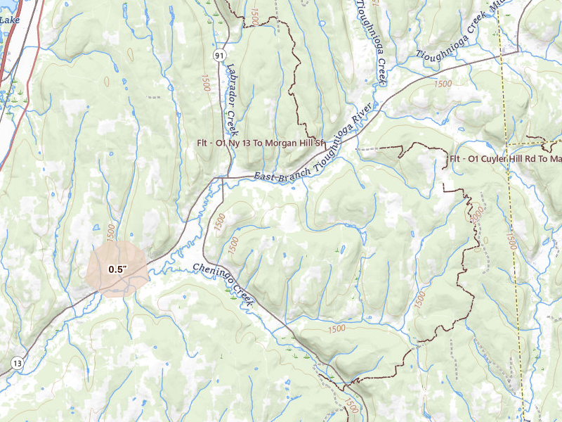 Radar-estimated hail-size map of the storm over Truxton, NY on Jul 4, 2026