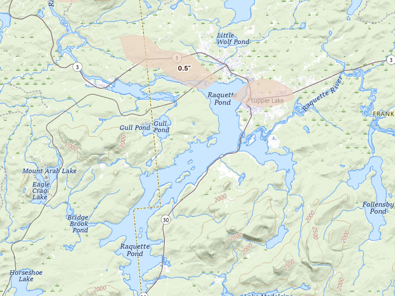Radar-estimated hail-size map of the storm over Tupper Lake, NY on Jul 14, 2026
