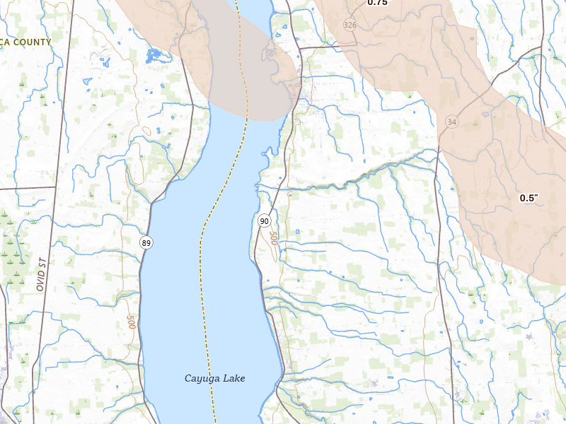 Radar-estimated hail-size map of the storm over Union Springs, NY on Jun 30, 2026