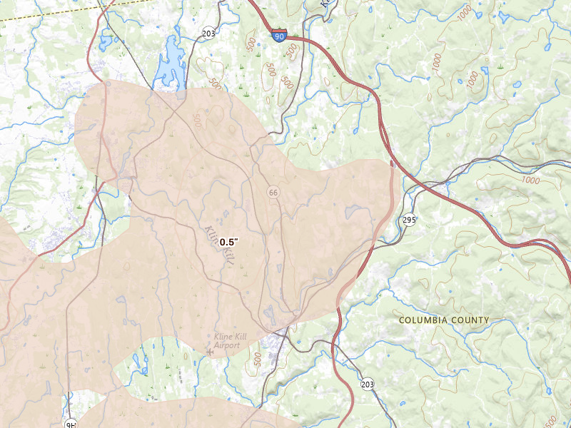 Radar-estimated hail-size map of the storm over Valatie, NY on Jul 2, 2026