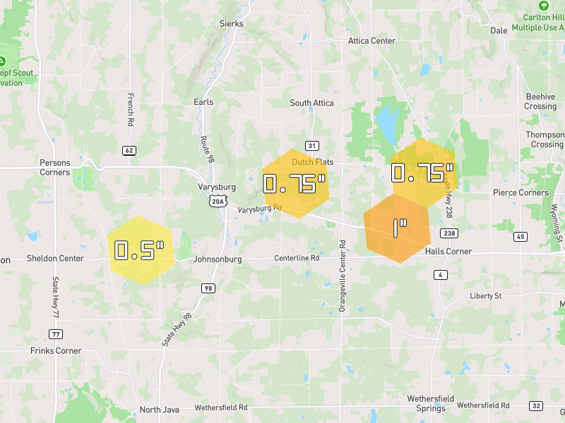 Hail map of Varysburg, NY on Jul 21, 2026, hail up to 1"