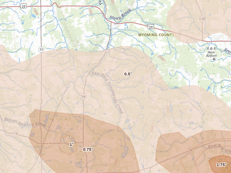 Radar-estimated hail-size map of the storm over Varysburg, NY on Sep 2, 2026