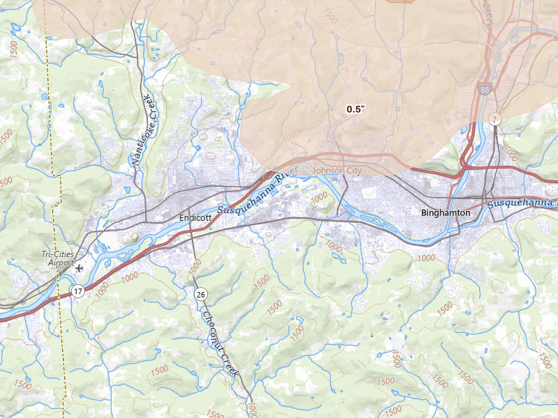 Radar-estimated hail-size map of the storm over Vestal, NY on Mar 31, 2026