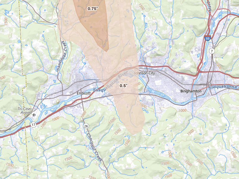 Radar-estimated hail-size map of the storm over Vestal, NY on Jun 30, 2026
