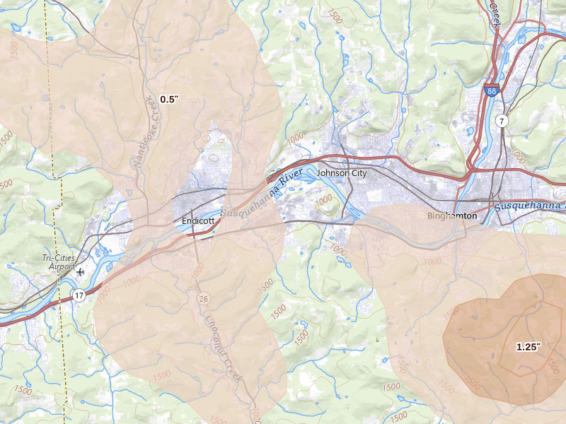 Radar-estimated hail-size map of the storm over Vestal, NY on Jul 3, 2026