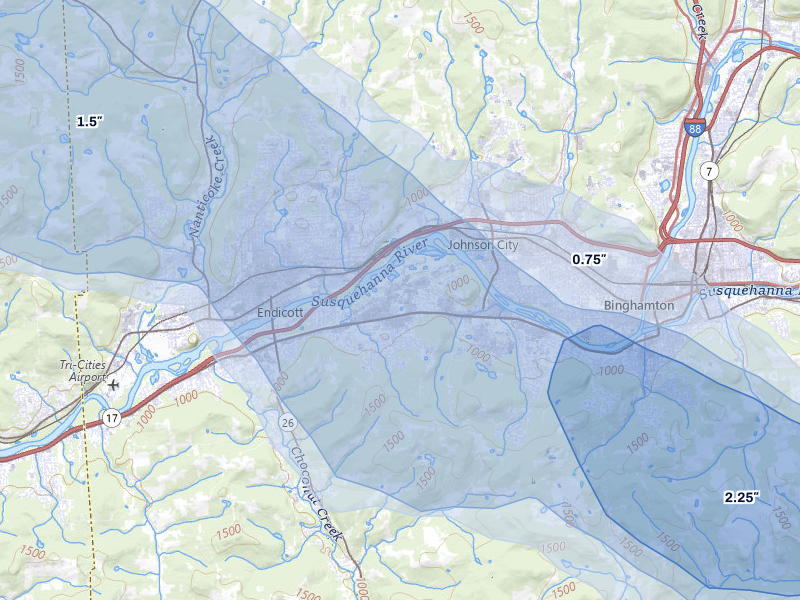 NEXRAD radar-signature map of the hail storm over Vestal, NY on Jul 3, 2026