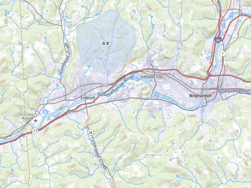 NEXRAD radar-signature map of the hail storm over Vestal, NY on Jul 27, 2026
