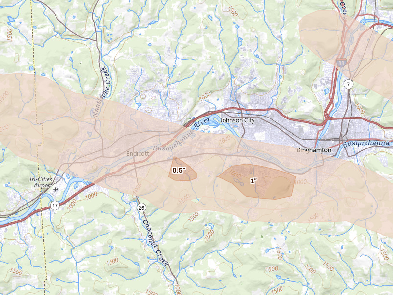 Radar-estimated hail-size map of the storm over Vestal, NY on Aug 12, 2026