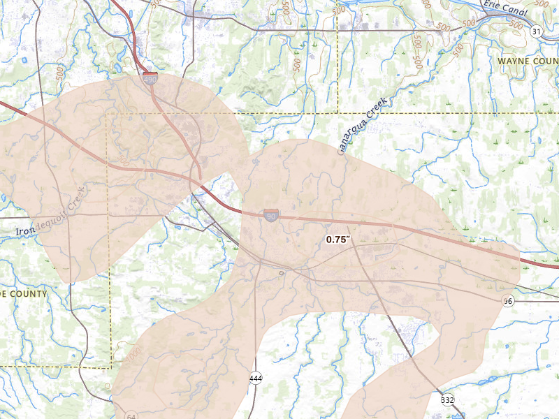 Radar-estimated hail-size map of the storm over Victor, NY on Jul 18, 2026