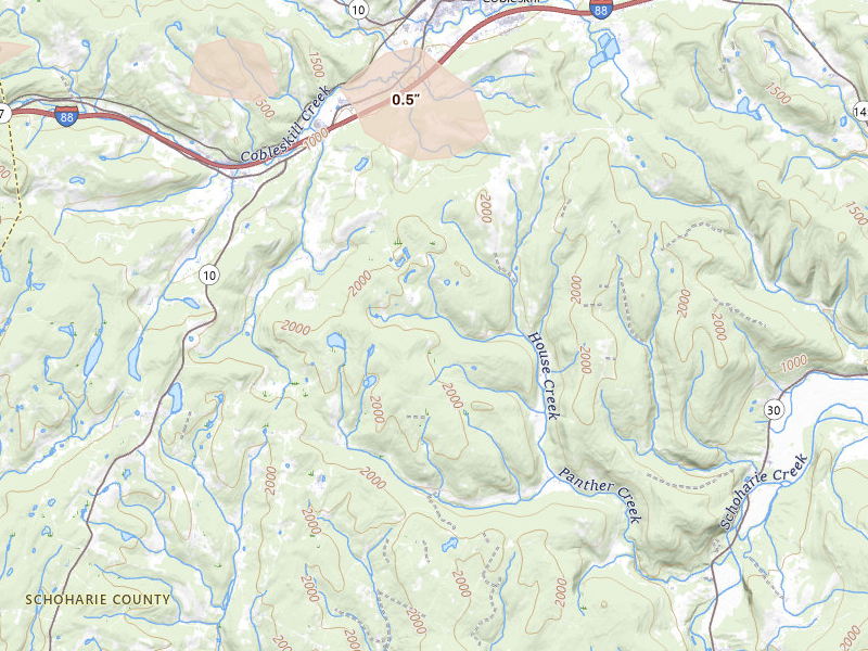 Radar-estimated hail-size map of the storm over Warnerville, NY on Aug 27, 2026