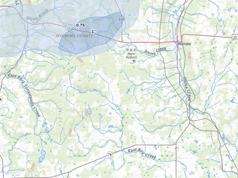 NEXRAD radar-signature map of the hail over Warsaw, NY