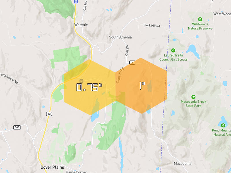 Hail map of Wassaic, NY on Jul 1, 2026, hail up to 1"