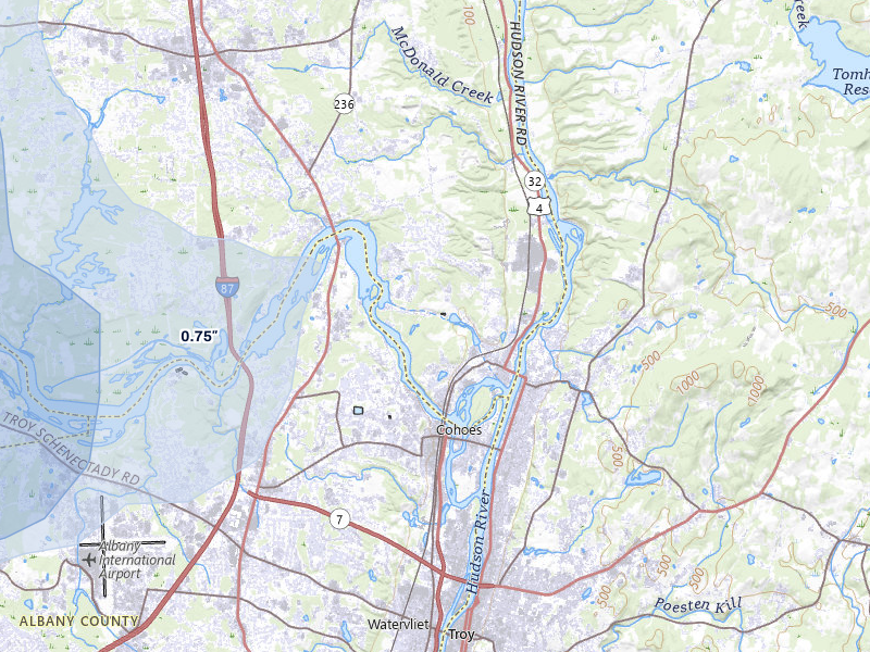 NEXRAD radar-signature map of the hail storm over Waterford, NY on Jul 1, 2026