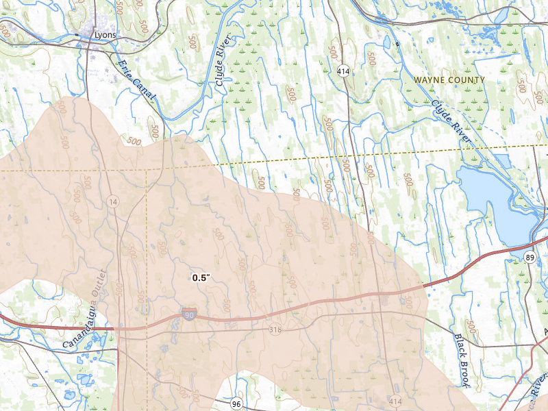 Radar-estimated hail-size map of the storm over Waterloo, NY on Sep 2, 2026