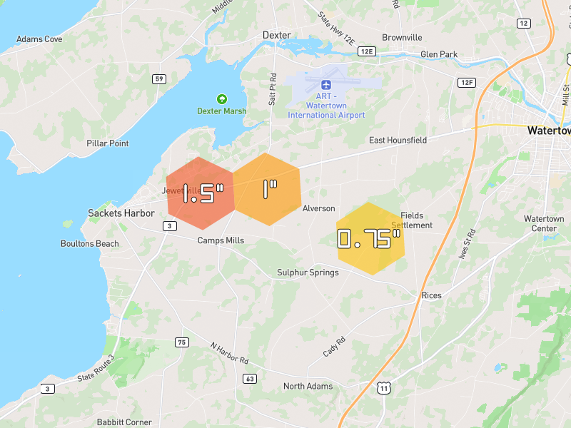 Hail map of Watertown, NY on Jun 30, 2026, hail up to 1.5"