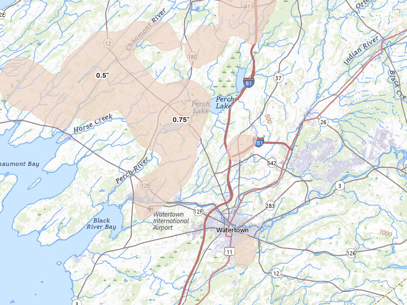 Radar-estimated hail-size map of the storm over Watertown, NY on Jul 1, 2026