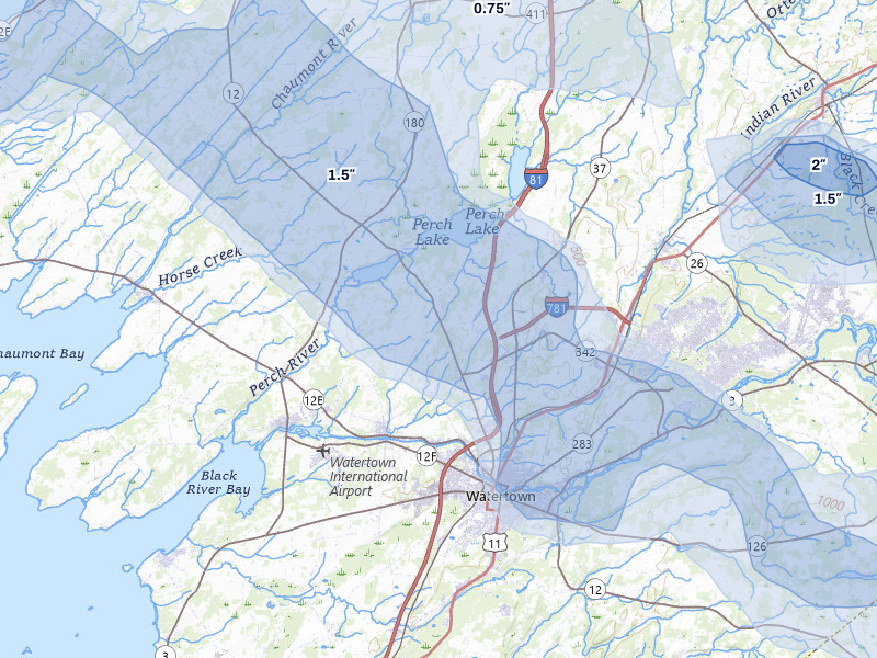 NEXRAD radar-signature map of the hail over Watertown, NY