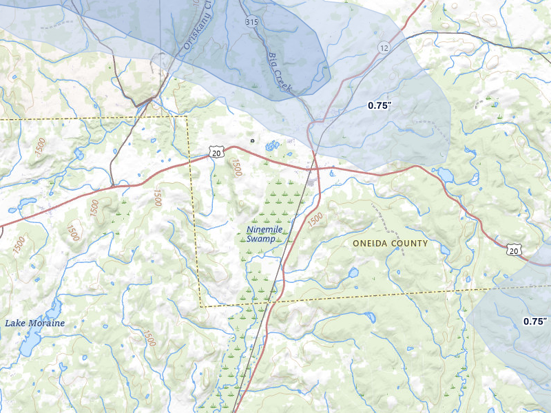 NEXRAD radar-signature map of the hail storm over Waterville, NY on Jul 1, 2026