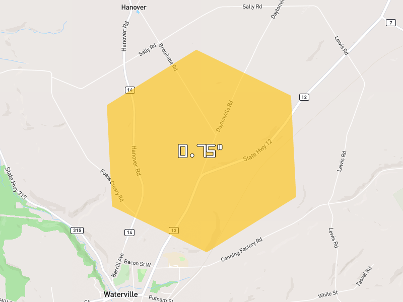 Hail map of Waterville, NY on Jul 2, 2026, hail up to 0.75"