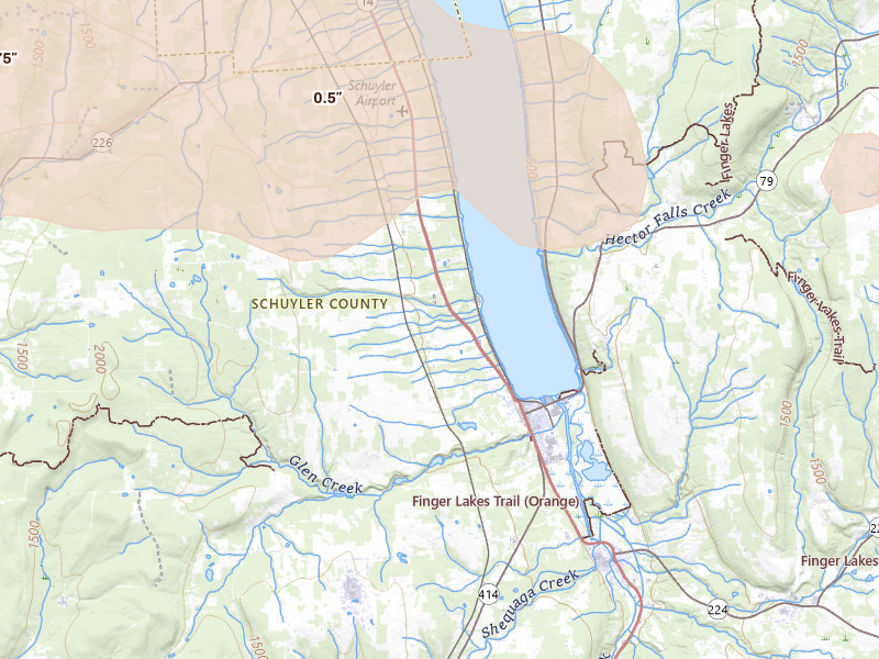Radar-estimated hail-size map of the storm over Watkins Glen, NY on Mar 31, 2026