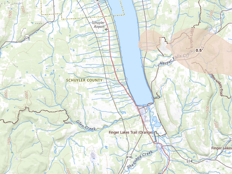 Radar-estimated hail-size map of the storm over Watkins Glen, NY on Aug 12, 2026