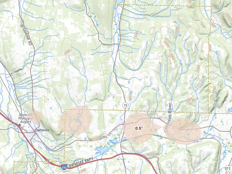 Radar-estimated hail-size map of the storm over Wayland, NY on Jul 3, 2026
