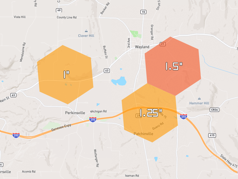 Hail map of Wayland, NY on Jul 3, 2026, hail up to 1.5"