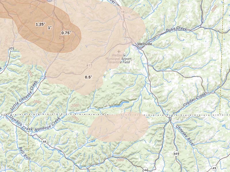 Radar-estimated hail-size map of the storm over Wellsville, NY on Sep 2, 2026