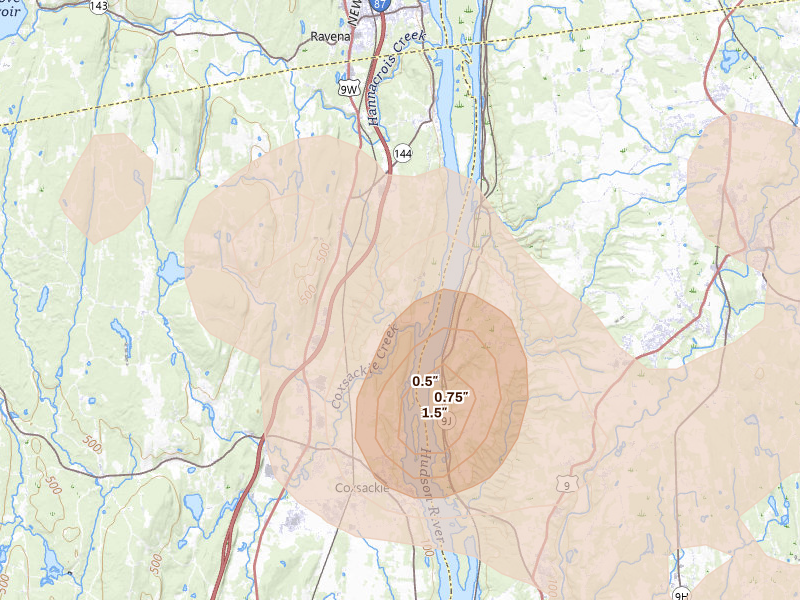 Radar-estimated hail-size map of the storm over West Coxsackie, NY on Jul 2, 2026
