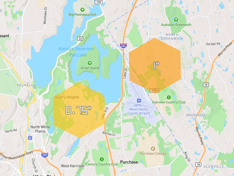 Hail map of West Harrison, NY on Jul 21, 2026, hail up to 1"
