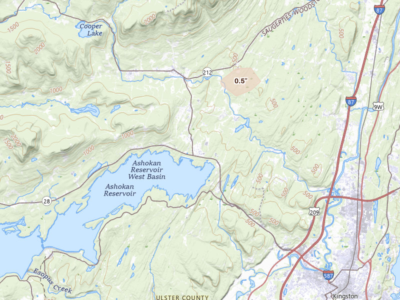 Radar-estimated hail-size map of the storm over West Hurley, NY on Aug 8, 2026