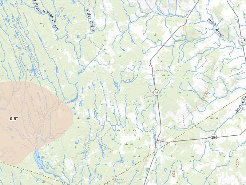 Radar-estimated hail-size map of the storm over West Leyden, NY on Jul 1, 2026