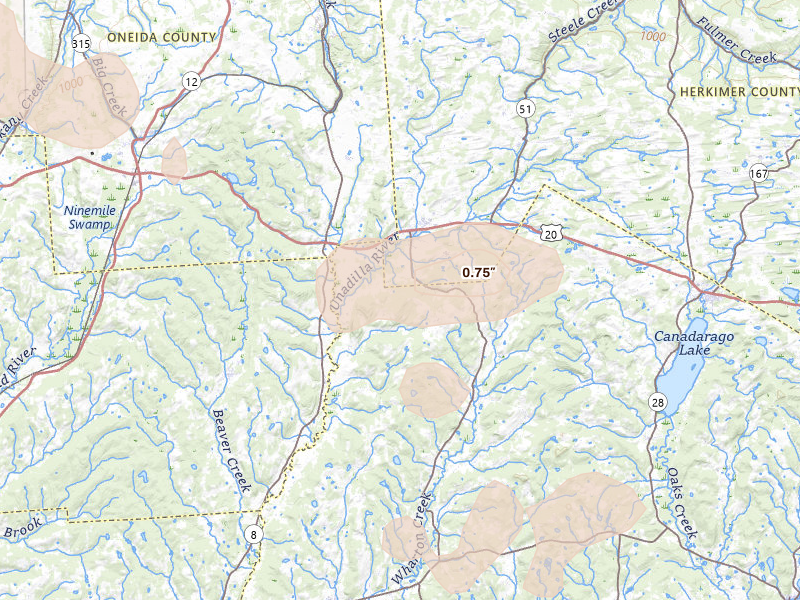 Radar-estimated hail-size map of the storm over West Winfield, NY on Jul 1, 2026