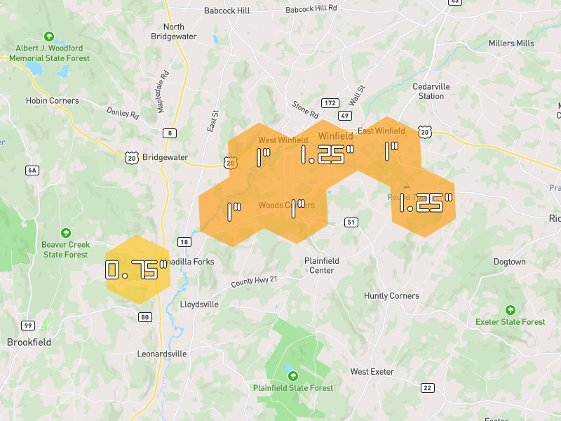 Hail map of West Winfield, NY on Jul 1, 2026, hail up to 1.25"