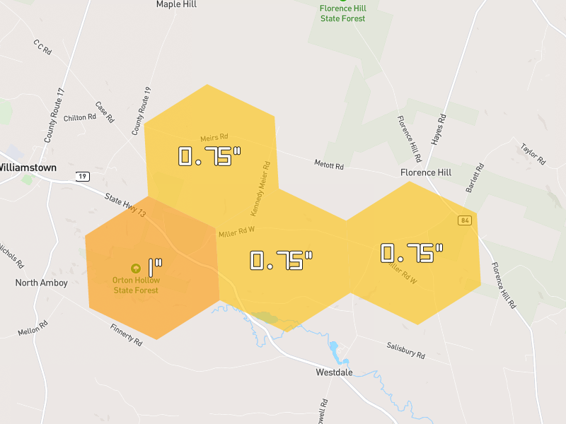 Hail map of Westdale, NY on Jul 1, 2026, hail up to 1"