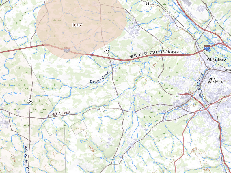 Radar-estimated hail-size map of the storm over Westmoreland, NY on Jul 1, 2026