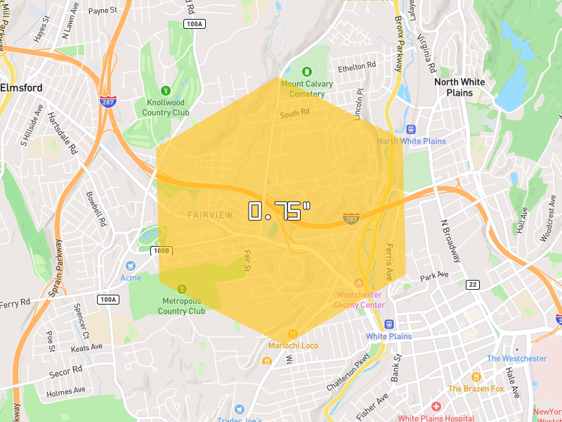 Hail map of White Plains, NY on Jul 21, 2026, hail up to 0.75"