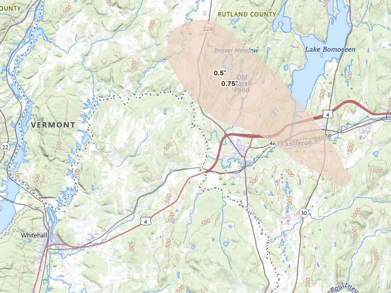 Radar-estimated hail-size map of the storm over Whitehall, NY on Aug 13, 2026