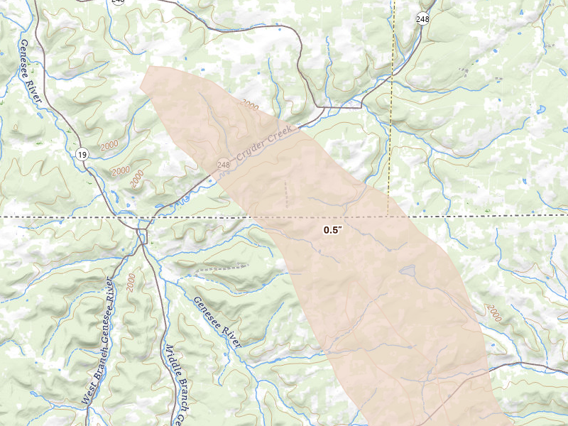 Radar-estimated hail-size map of the storm over Whitesville, NY on Sep 1, 2026