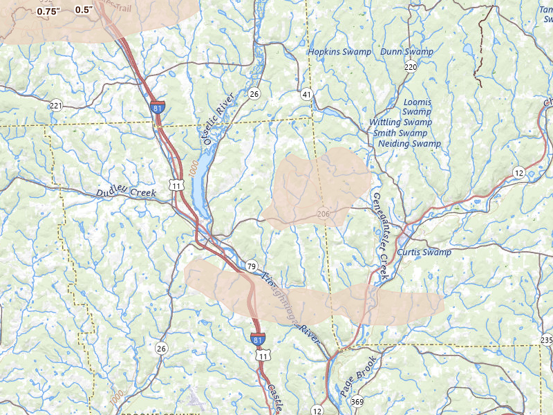 Radar-estimated hail-size map of the storm over Whitney Point, NY on Aug 27, 2026