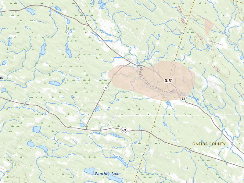 Radar-estimated hail-size map of the storm over Williamstown, NY on Jul 1, 2026