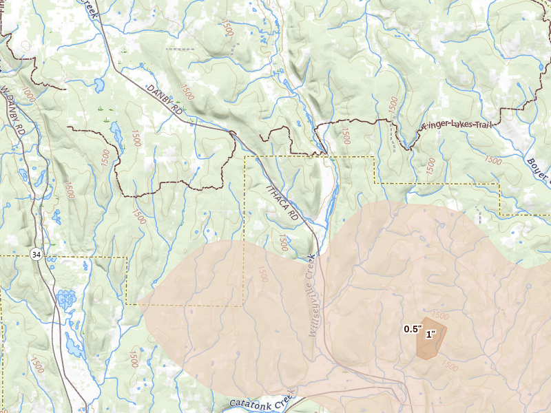 Radar-estimated hail-size map of the storm over Willseyville, NY on Mar 31, 2026