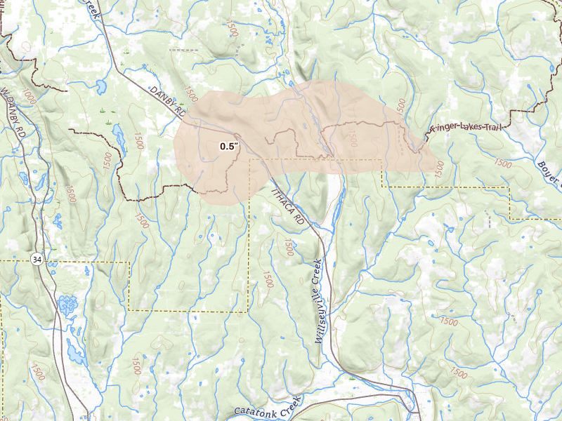 Radar-estimated hail-size map of the storm over Willseyville, NY on Aug 6, 2026