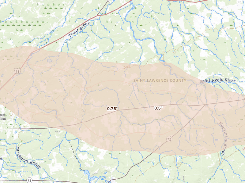 Radar-estimated hail-size map of the storm over Winthrop, NY on Aug 10, 2026