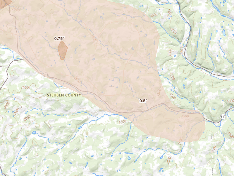 Radar-estimated hail-size map of the storm over Woodhull, NY on Sep 2, 2026
